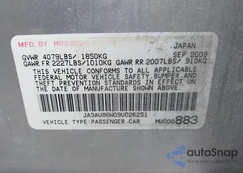 2009 Mitsubishi Lancer Gts z USA, uszkodzony, nr VIN JA3AU86W09U026251